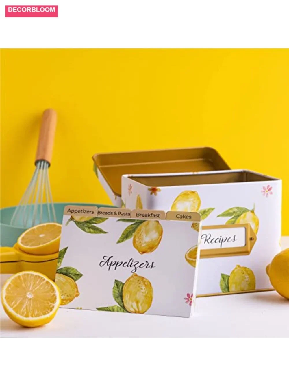 Lemon Recipe Box with 50 4x6 Cards & 12 Dividers Metal Hinged Lid